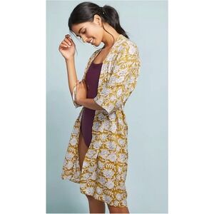 NAT by Natalie Martin Floral Print Kimono Duster OS‎ Open Front Yellow White